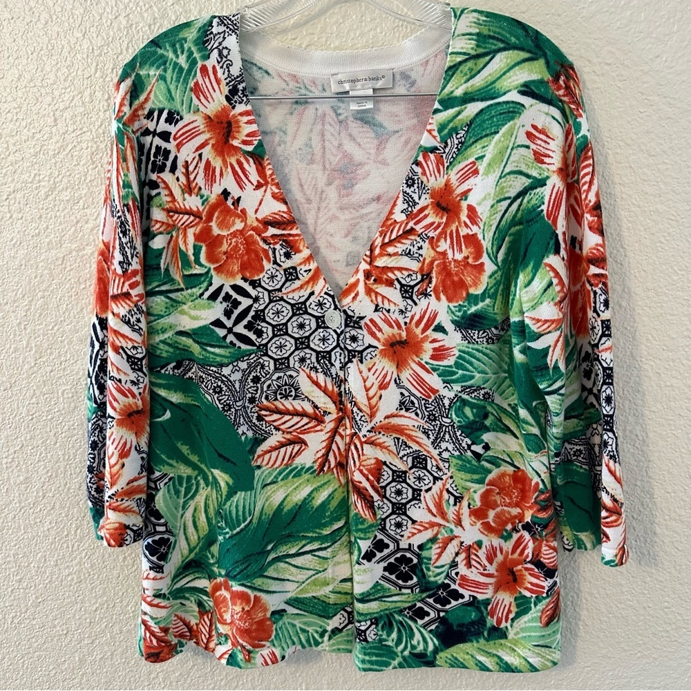 Christopher & Banks Tropical Floral Print Women’s Quarter Sleeve Cardigan